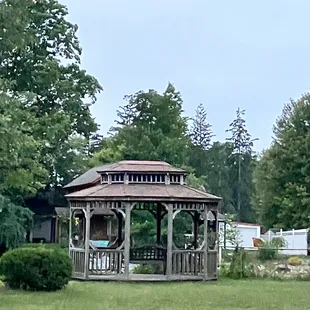 Behind restaurant, on the water