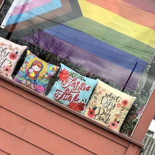 Outside window. Very supportive place. The pillows were funny!