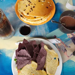 Chocolate chip pancakes and Jerk Chicken sandwich