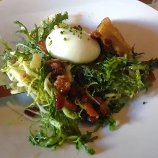 Frisée and Bacon Lardons with Poached Egg and Pork Belly