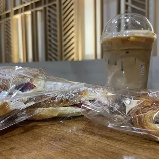 Strawberry creme croissants, ham &amp; cheese pastry, barista freestyle coffee. I asked for something strong but sweet, she nailed it!