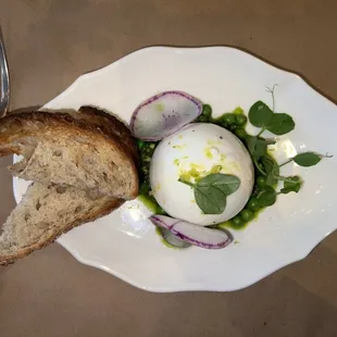 Burrata with english peas &amp; arugula pesto, purple radish and lemon