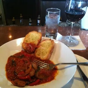 HH: sausage and peppers, wine, $10