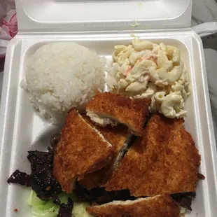 Hawaiian bbq and chicken katsu with rice and Mac salad