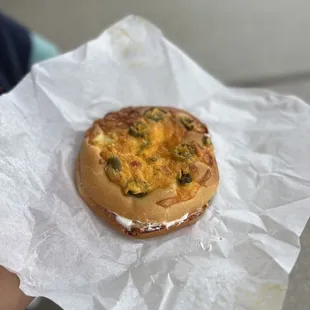 Jalapeño cheese bagel with cream cheese - we love their bagels!