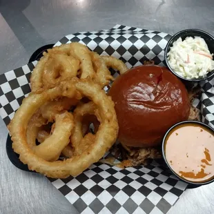 Pulled Pork Sandwich with Onion Rings
