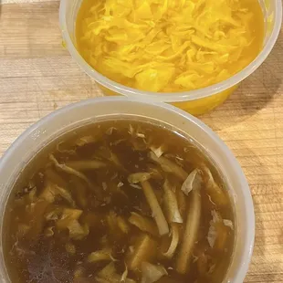 Eggdrop soup (top) &amp; hot &apos;n sour soup (bottom)