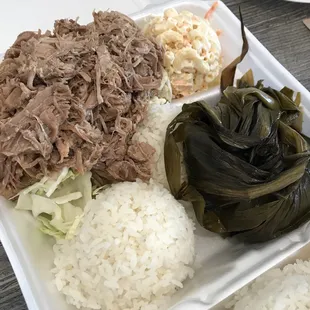 Kalua pig and laulau, 2 scoops rice. Mac salad