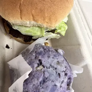 The perfect match- burger and side Okinawan sweet potato salad