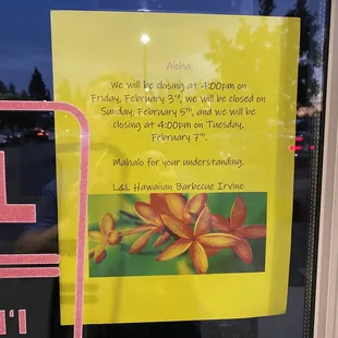 Special Reduced Hours