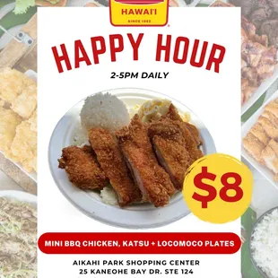 Order now . $8 only mini plate BBQ CHICKEN , CHICKEN KUTSU or LOCO MOCO. Mahalo