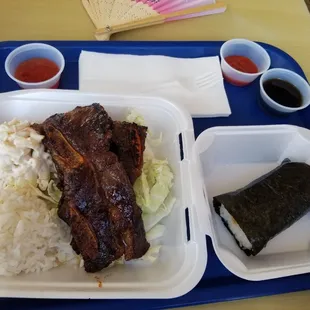 Hawaiian Bbq Short Ribs the mini! Spam Musubi, and sauces are teriyaki, thai sweet chili, and sriracha.
