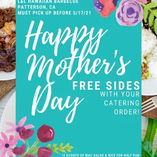 This Mother's Day, be the one to bring home dinner and give your mom the day off from the kitchen. Enjoy free sides with your catering order