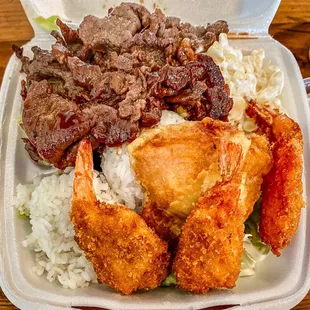 Surf&amp; Turf seafood combo - ribeye, shrimp, fish