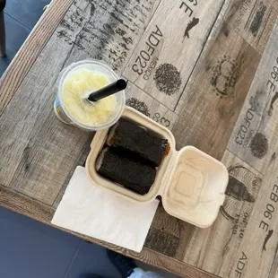 Pineapple + coconuts smoothie with spam and Chicken Musubi