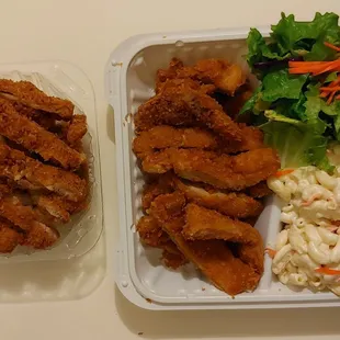 Chicken Katsu with extra macaroni, no rice, and one with extra Katsu and a salad