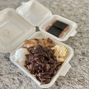 Half BBQ Chicken &amp; Half BBQ Beef Plate. 2 Orders of Spam Musubi