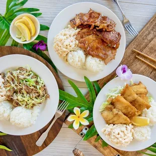 L to R: Pulled Kalua Pork plate, BBQ Chicken plate, Fried Fish plate. All plates include macaroni salad and steamed white rice.