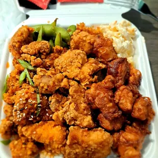 3 entree plate - Mochiko chicken, Garlic chicken and Korean chicken with Mac salad and Edamame for sides.