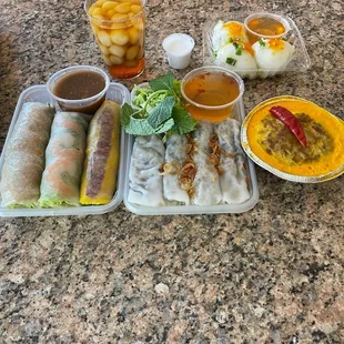 Spring rolls, banh cuon, steamed pork egg loaf, glutinous balls filled w/ meat, glutinous balls in ginger syrup w/ coconut milk  @rosyeatssj