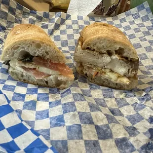 Caprese (left) smoked tofu (right) both are halves (the other halves eaten by my partner). Good size!