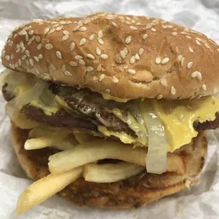 Double cheeseburger with chili and fries.  Not on the menu but they are very accommodating to what you want.  Quick and reasonably priced.
