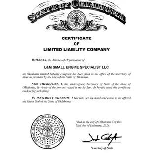 L&amp;M Small Engine Specialist LLC Limited Liability Company Certificate.