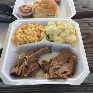 2 meat tray, brisket and pork. Mac and cheese + Potato Salad