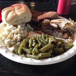Pulled chicken, brisket, ribs, green beans, and macaroni salad