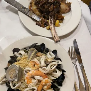 Top: veal with potatoes  Bottom: seafood spaghetti alla scoglio