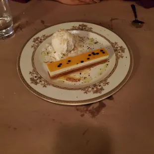 Passionfruit cake with coconut ice cream
