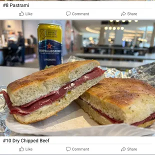 a sandwich and a can of beer
