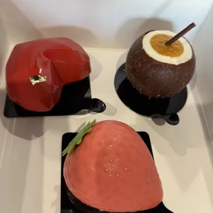 Diamond heart, coconut and peaches, and strawberry decadence.