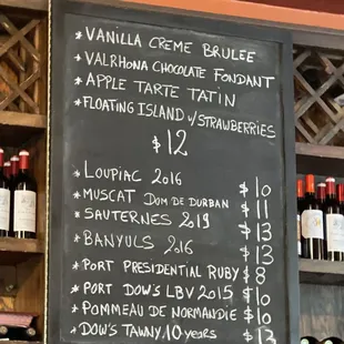 Desserts and after dinner drinks menu