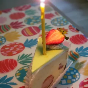 a slice of cake with a candle