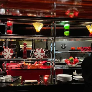 We sat at the counter and you can see into the kitchen