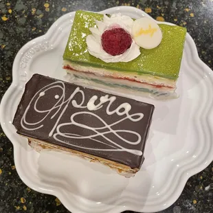 Opera Cake &amp; Pistachio Cake Very light flavors (bland maybe?).