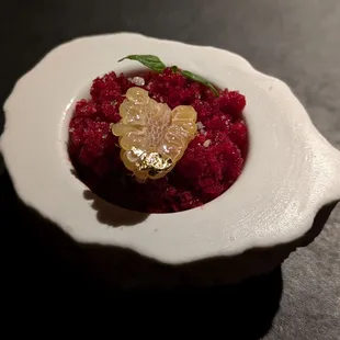 @endoedibles on Instagram 08/26/24  LES FRUITS ROUGES - calamansi posset, berry medley granita