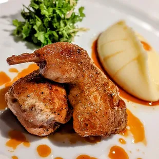 Foie gras stuffed quail with the richest potato puree