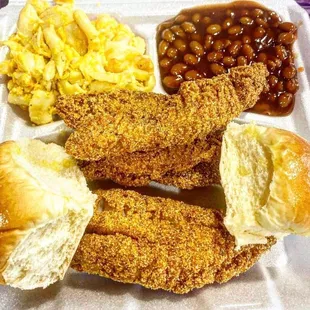 Mac n cheese, baked beans, perch and biscuits