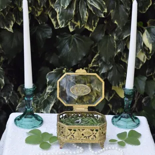 Gold bearer box for rent. L'Belle Rentals. Check lbelleweddings.com for more details and prices!