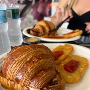 Ham and Cheese Croissant Sandwich with hash browns