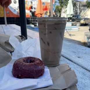 Red velvet doughnut and iced Mexican hot chocolate!