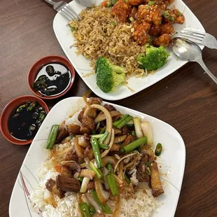 stir fried crispy pork belly served with white rice.  orange chicken served with fried rice.