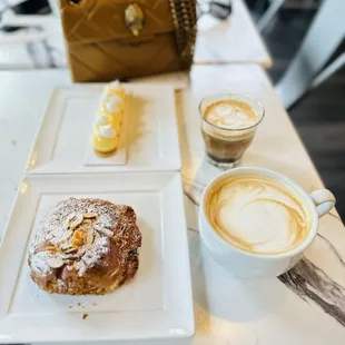 Lunch! Double baked almond croissant, lattes, yuzu cake