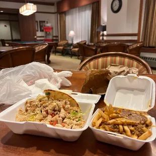 Grilled chicken pita and chilli cheese fries.