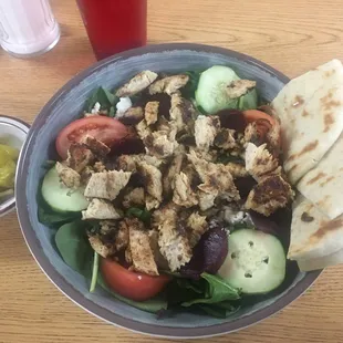 Best salad ever! Greek chicken salad with pink Greek dressing. Please come here, you will thank me. Yum Yum!!!!!!!