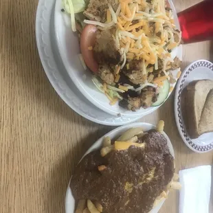 Grilled Chicken Salad and Chili Cheese Fries