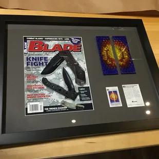 Featured magazine article and resin knife handle matted and framed.