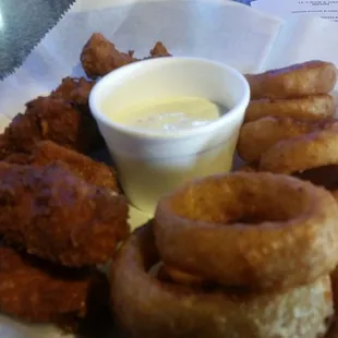 Wings and onion rings.